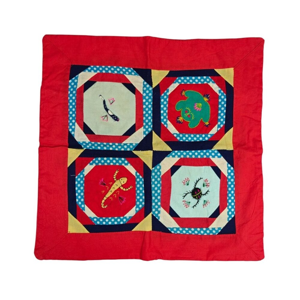 Vintage Handmade Red Throw Pillow Cover Embroidered Asian Oriental Patchwork